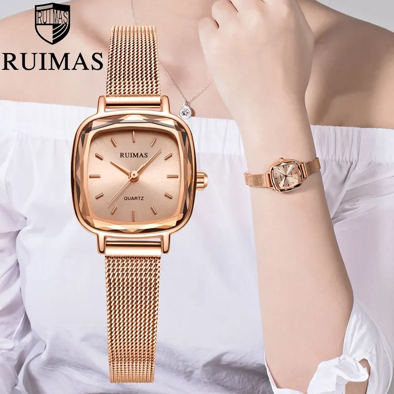 Ruimas женские часы роскошные золотые с квадратным циферблатом ультра тонкий