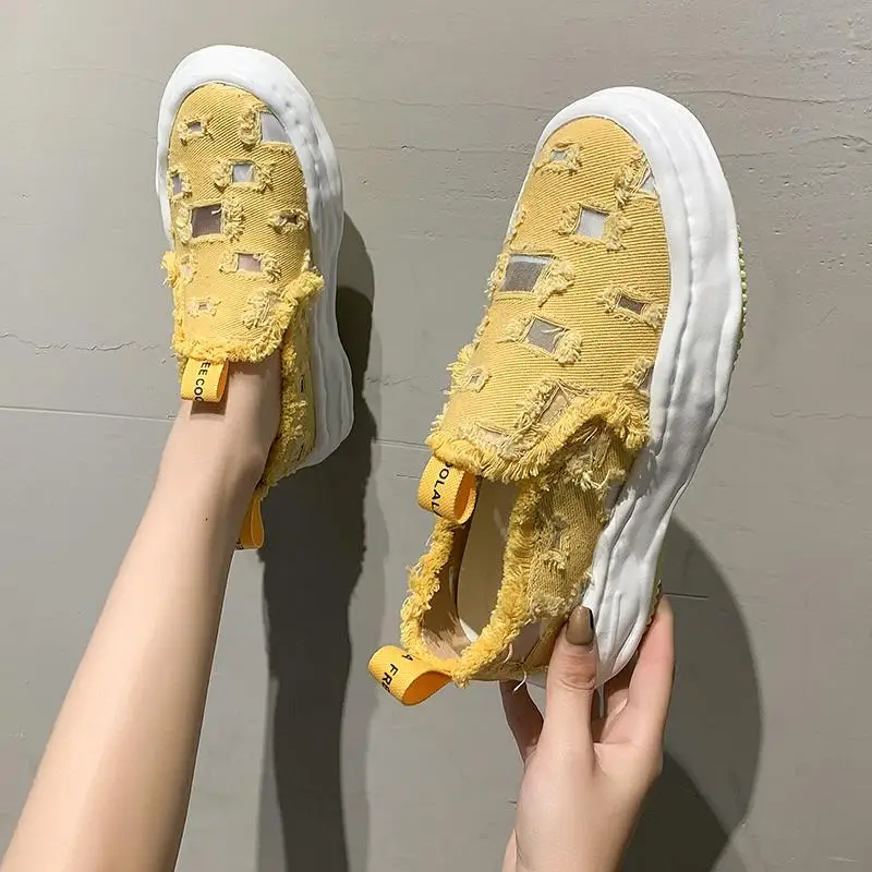 

Vintage Hollow Out Canvas Loafer Shoes Women Breathable Slip On Chunky Platform Flats Woman Retro Hole Denim Casual Shoes Size40