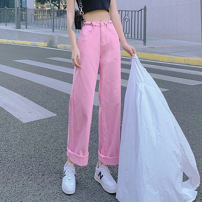 

Женские розовые джинсы с высокой талией, модные трендовые широкие брюки, фиолетовые джинсовые брюки для подростков, уличная одежда для деву...