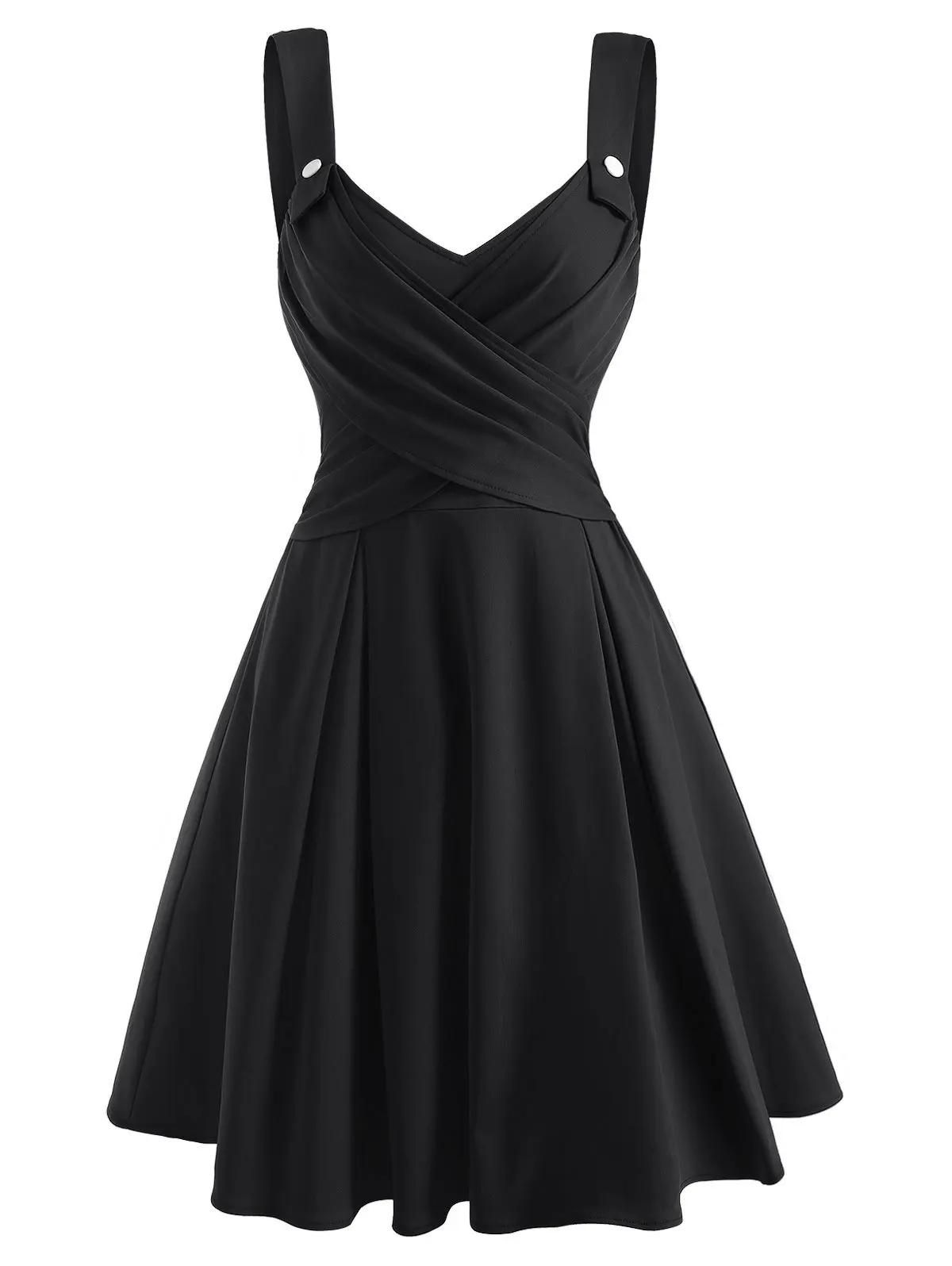 

Womens Summer Solid Dresses Black Sweetheart Neck Crossover Mock Button Empire Waist Knee-Length A Line Dress