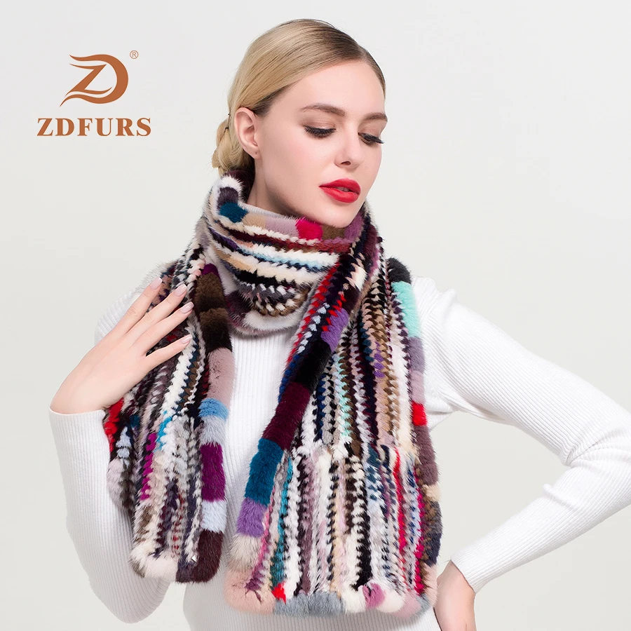ZDFURS* женский шарф из меха норки ручной вязки, модный мех норки, глушитель, Роскошный натуральный мех норки, грелка для шеи, женский меховой палантин - Цвет: colorful bright