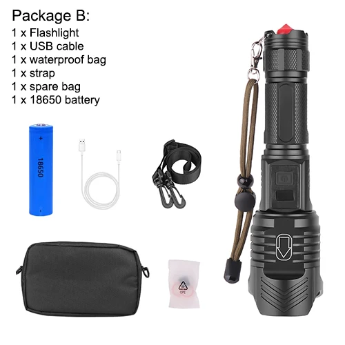 Package B Светодиодный фонарик XHP90 мощный фонарик XHP70 26650 масштабируемый фонарь умный чип водонепроницаемый нижний наружный молоток безопасности - Испускаемый цвет: Package B