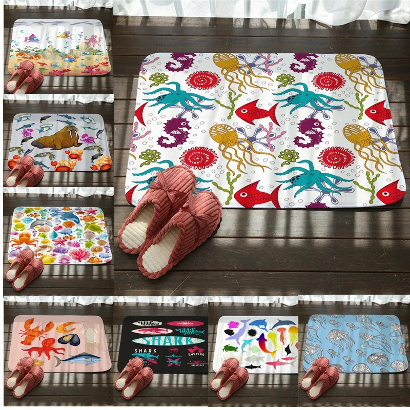 Коврик придверный из фланелевой ткани с принтом морских звезд акул нескользящий