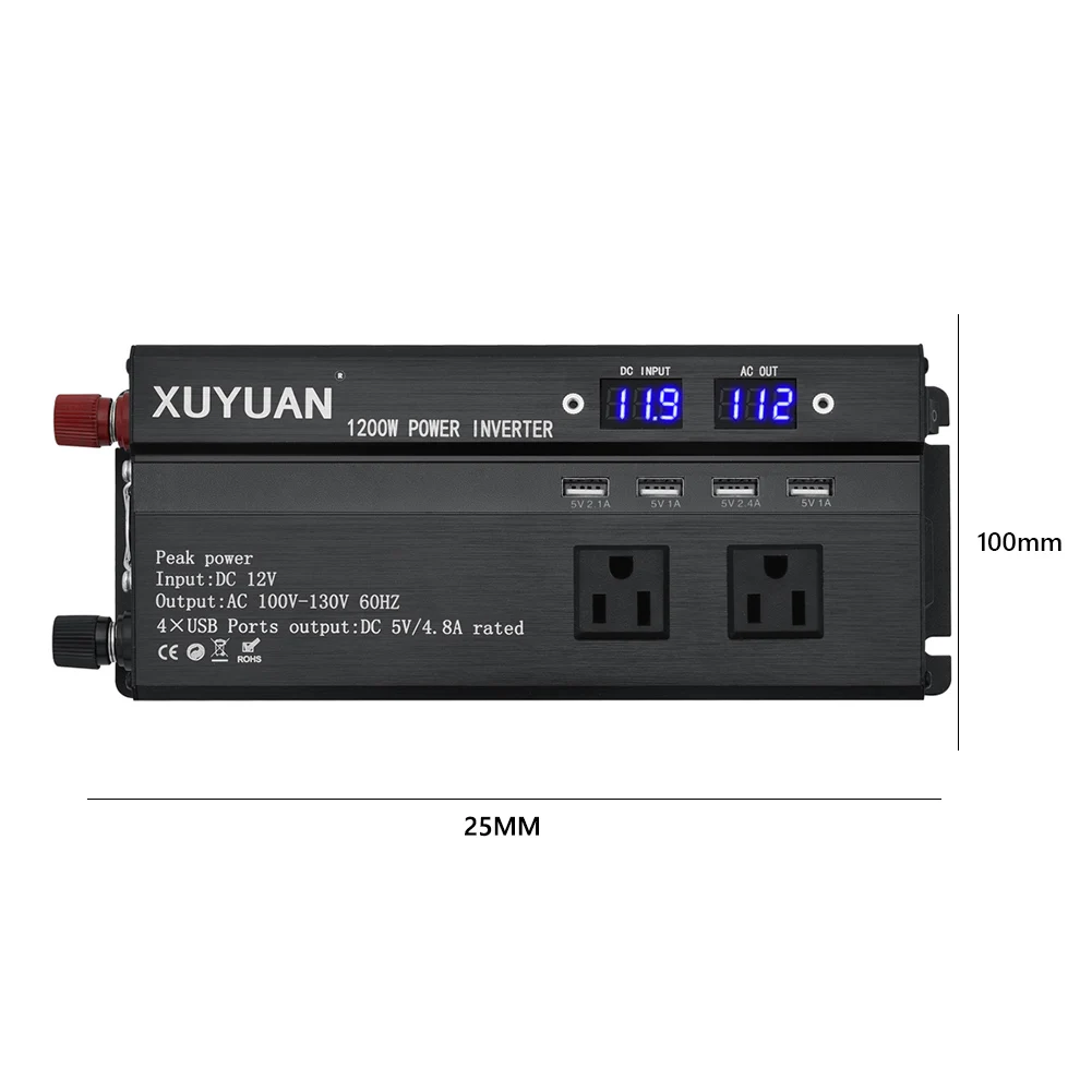 

1200W Car Inverter DC 12V 24V to 110V AC Power Inverter Converter with 3 AC Outlets + 4 USB Ports Car Inverters Auto Accessories