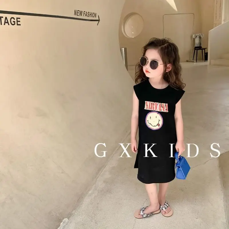 

100% algodón vestido de niña 2021 verano nuevos niños estampado de dibujos animados estilo extranjero bebé camiseta sin mangas c