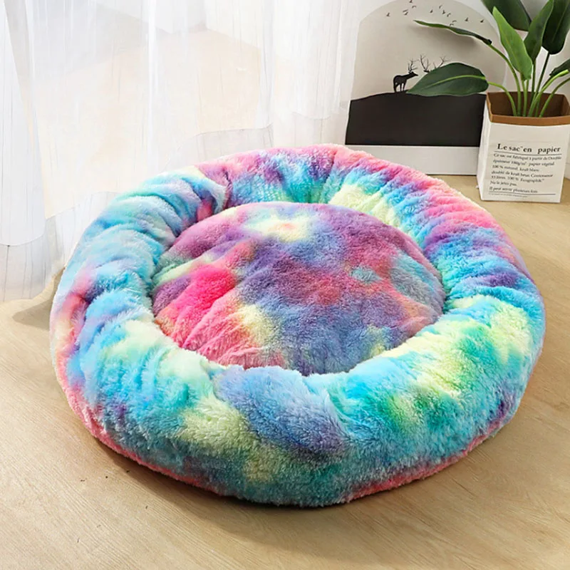 Colorful Blue Зимняя новая Радужная собачья кровать для маленьких, средних и больших собак, кошек, мягкий плюшевый лежак, Круглый котенок, щенок, собачий коврик, питомник - Цвет: Colorful Blue