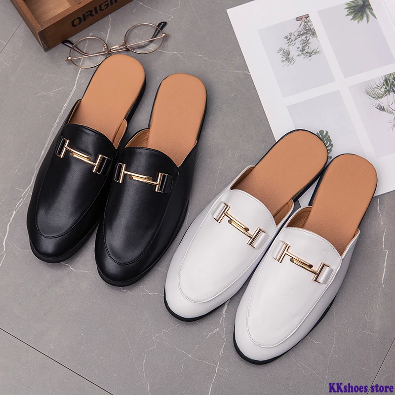 

Mules Men Leather Shoes Summer Casual Slippers Sandals Male Shoes Slip On Men Loafers Fashion Men Flats Moccasins White Black