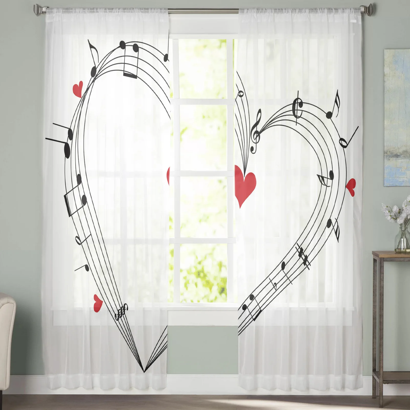 Шторы из вуали с музыкальным символом и красным сердцем занавески для гостиной