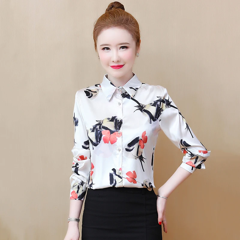 

Silk Satin Loose Women's Shirts New Fashion Blouses Casual Long Sleeve Blusas Printing Polo Collar Autumn Houthion