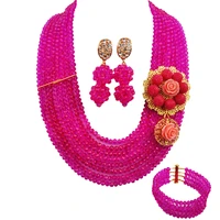 fuchsia pink fashion necklace costume jewelry set 8 rows strand necklace african beads jewelry set crystal