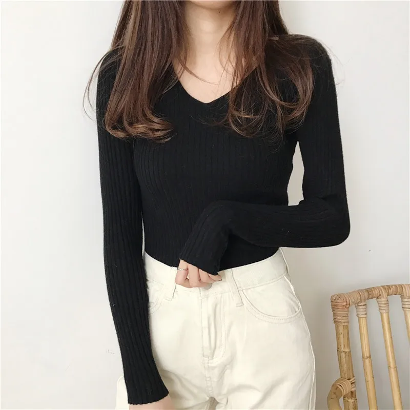 

Casual V-Neck Autumn Korean Knitted Sweaters Solid Color Winter Long Sleeve Jumper