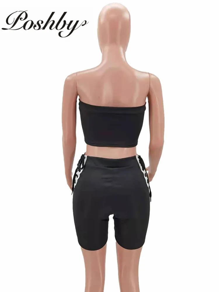 

Poshby Summer Women Patchwork Bandage 2 Pcs Set Sexy Lace Up Corset Top and Skinny Short Pants backless Streetwear Suit Clubwear