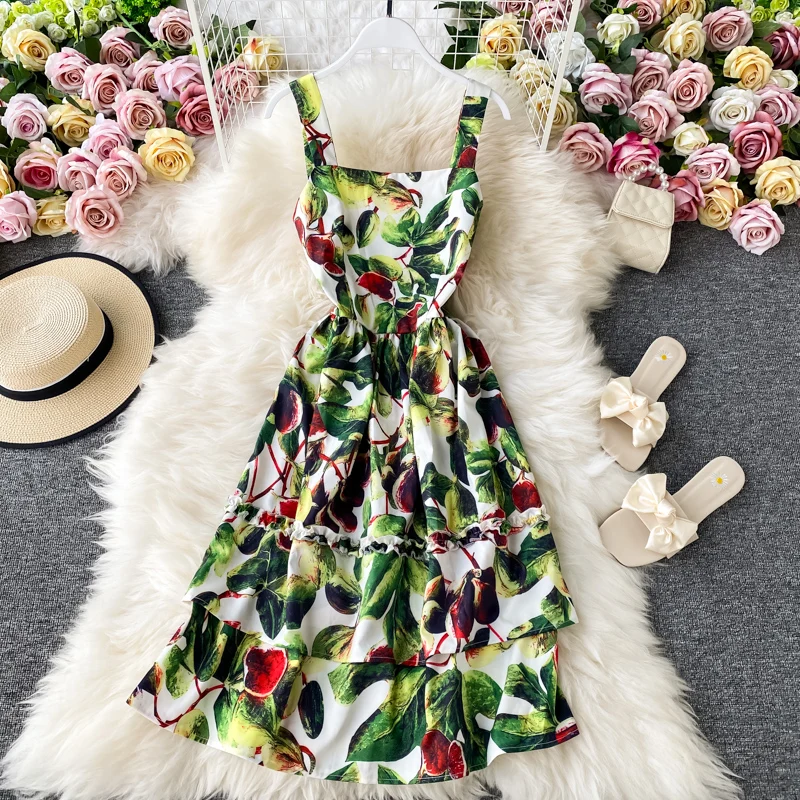 

Летнее женское платье; Robe Jurk Vestidos женский костюм средней длины Длина Платья На Бретельках пляжное Плиссированное Платье с принтом на ремешк...