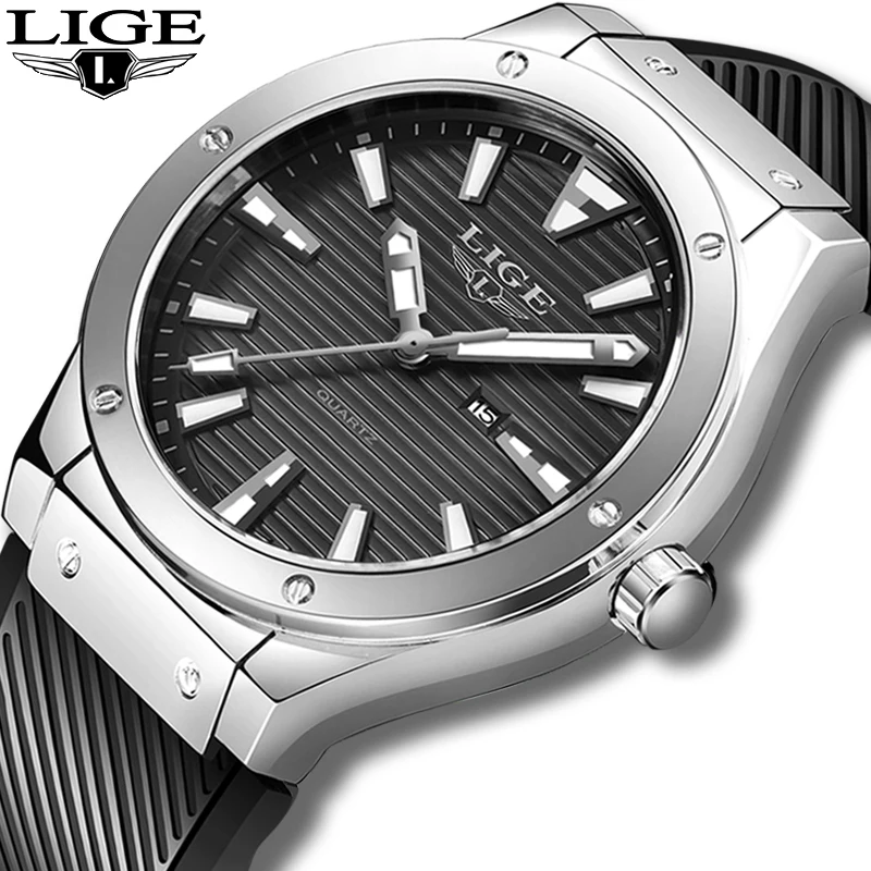 LIGE новые часы мужские спортивные модные силиконовые водонепроницаемые Бизнес