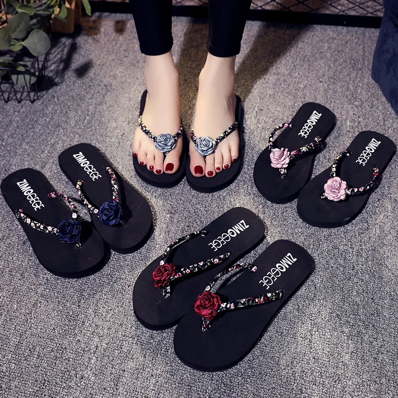 

Flower Toe Slippers Summer Flower Print Women's Slippers Women Heels Flower Clip Toe Flip Flops Slippers Non-slip Beach Slippers