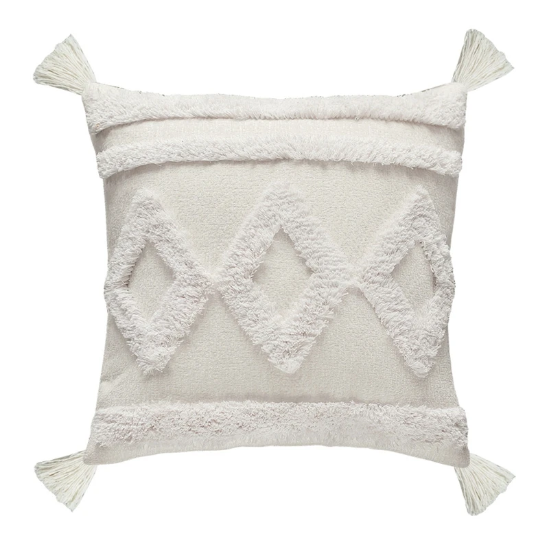 

Nordic White Throw Pillow Case Wave Striped Tufted Textured Tassel Cushion Cover 27RF