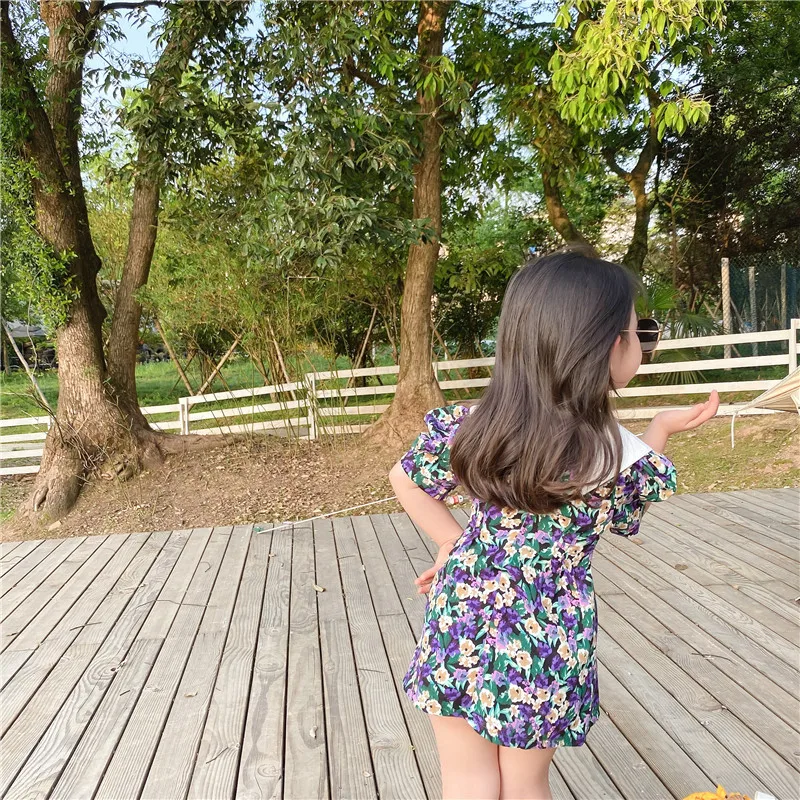 2020 New Summer Little Girls Short Puff Sleeve Floral Chiffon Lapel Collar Princess Dresses Toddler Children Fashion Sweet Dress | Детская