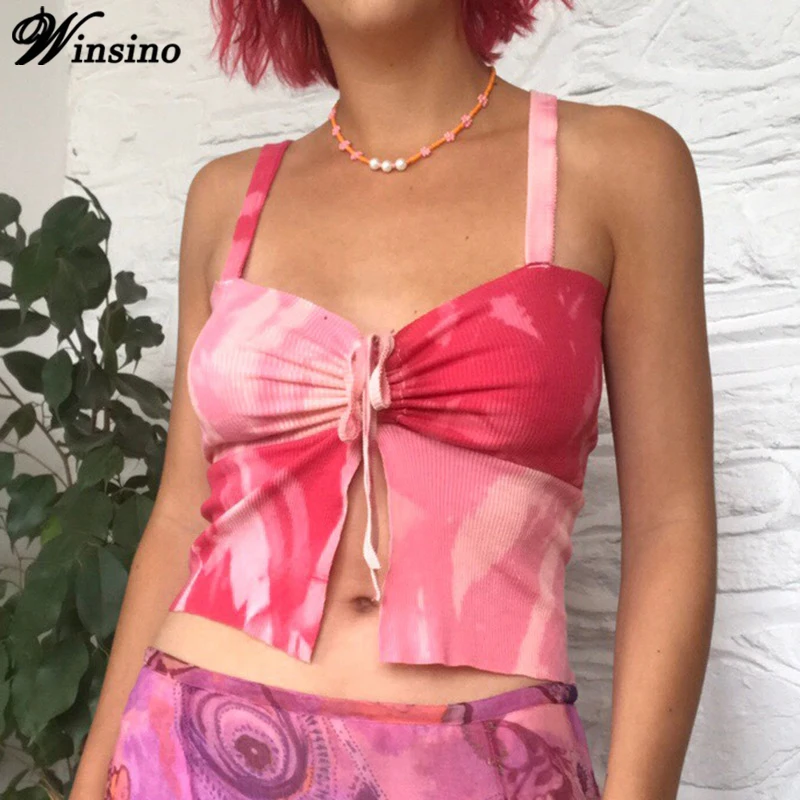 

Pink Y2k Tank Top Street Personality Tie Dye Drawstring Split Sexy Vest Lace Up Bow Women 2021 Summer Sleeveless Crop Top