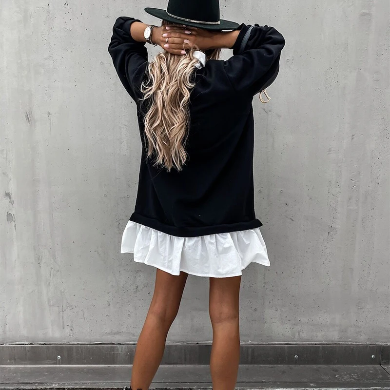 

Autumn Women Patchwork Ruffle Mini Dress Vintage Casual Turn-Down Collar Button Loose Dress 2020 Elegant Long Sleeve Party Dress