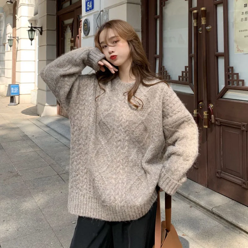 

Solid Knitted Sweater Woman Korean Long Sleeve Loose O-Neck Women's Sweater Simplicity Slim Warm Pullover Women 2021