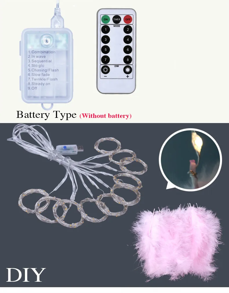 Светодиодный светильник с перьями сказочный питанием от батареек АА украшение