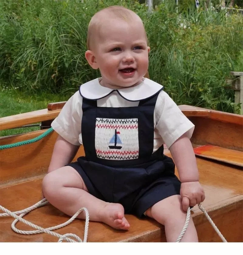 

Newborn Boys Clothes Set Spanish Infant Toddler White Tops+Jumpsuit 2Pcs Outfit 2021 Summer Child Boy Embroidery Clothing Suits