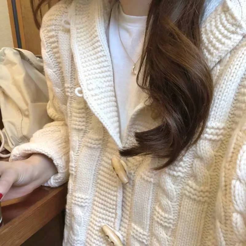 

Autumn new Korean chic wool knit cardigan sweater female casual solid sweater navy collar single breasted sweater women