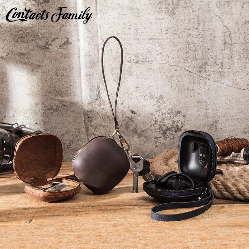 

Genuine cowhide leather luxury vintage mini coin purse women casual wireless earphone cases for powerbeats pro retro zipper bags
