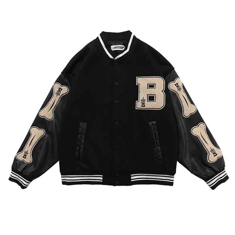 

Hip-hop furry bone patchwork colorblock jacket men's Harajuku streetwear bomber jacket men's baseball jacket unisex