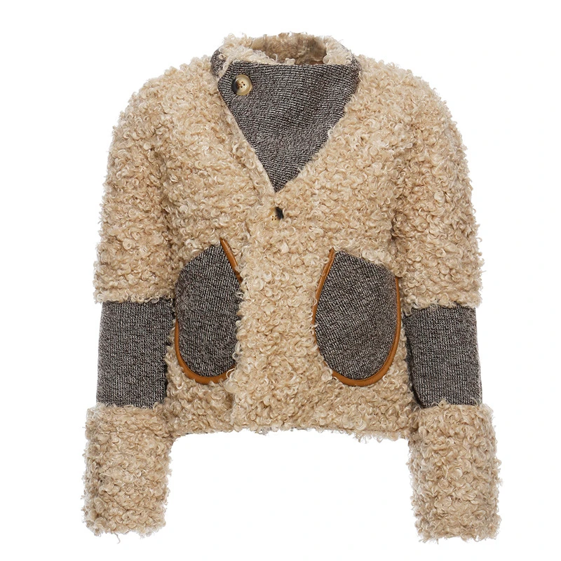 

Patchwork Lambswool Hit Color Coats For Female O Neck Long Sleeve Vintage Jackets Women Fashion Clothing 2020 Tide