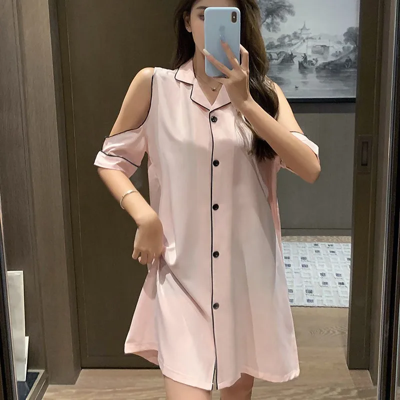 

Loose Sleepwear Women Nightdress Lapel Satin Nightgown Lady Intimate Lingerie Casual Sleepshirt Kimono Gown Hollow Out Nightwear