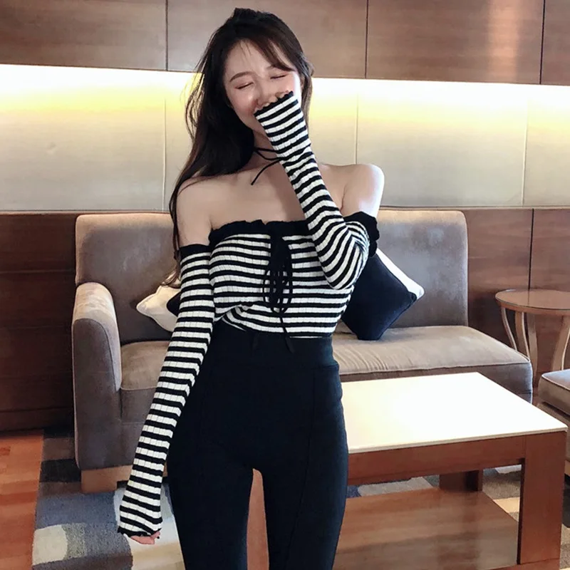 

Осень 2021, короткие тонкие вязаные пуловеры с воротником-лодочкой, свитер, облегающие Модные женские свитера в полоску с длинным рукавом