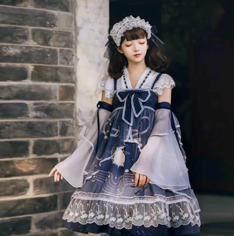 

Платье в китайском стиле; милое платье в стиле Лолиты; винтажное кружевное платье с бантом и милым принтом; платье с высокой талией в викторианском стиле; платье в стиле каваи для девочек; Готическая Лолита; jsk cos