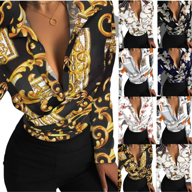 

Fashion Chain Flower Newspaper Print Slim Shirt Women Autumn Sexy V-Neck Long Sleeve Office Blouse Elegant Female Street Tops