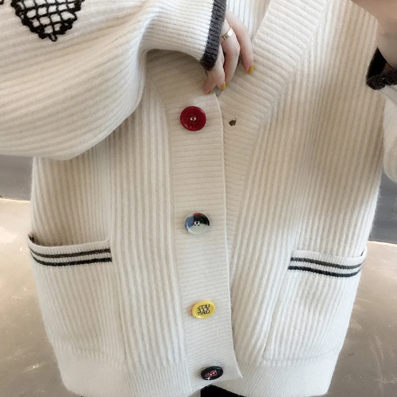 

Single Breasted Women's Printing Sweater Knit Casual Cardigan Long Sleeve V Neck With Pockets Female Sweater Outwear For Ladies