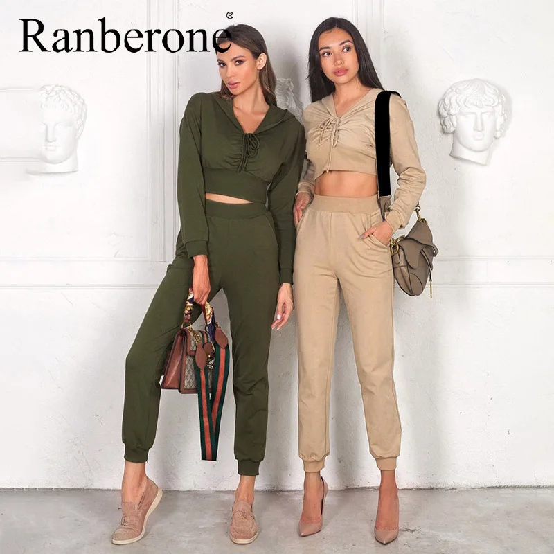 Ranberone 2 PCS Women's Tracksuit Sexy Drawstring Crop Top Pants Women High Waist Loose Trousers Gym Fitness Sport Suit Female