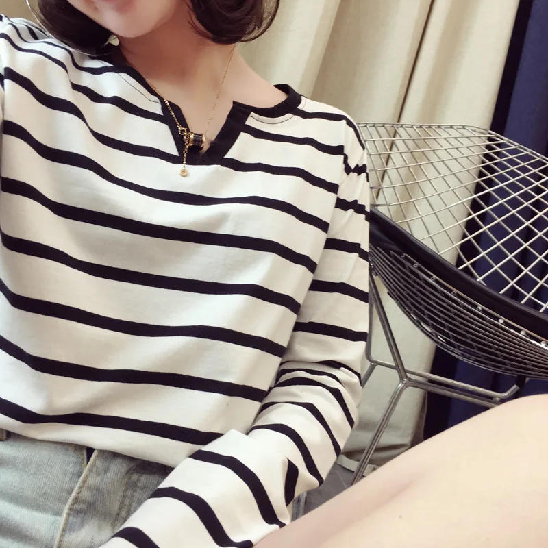 Женская футболка в полоску белая Повседневная Классическая с длинным рукавом и