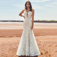 thinyfull princess mermaid wedding dresses spaghetti straps v neck bride dresses button lace appliques tulle bridal gown 2020