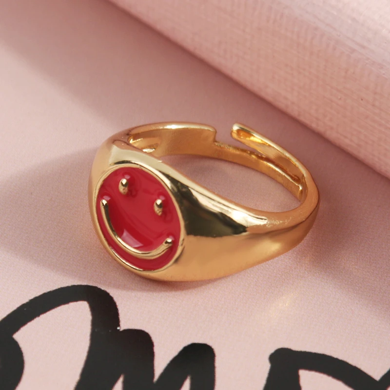 

Fashion Gold women ring copper Dripping oil adjustable open ring for women smile cubic 5A zirconia ring woman dropshipping