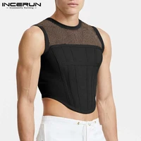 2021 men tank tops mesh patchwork round neck streetwear sleeveless see through vests sexy party nightclub men crop tops incerun