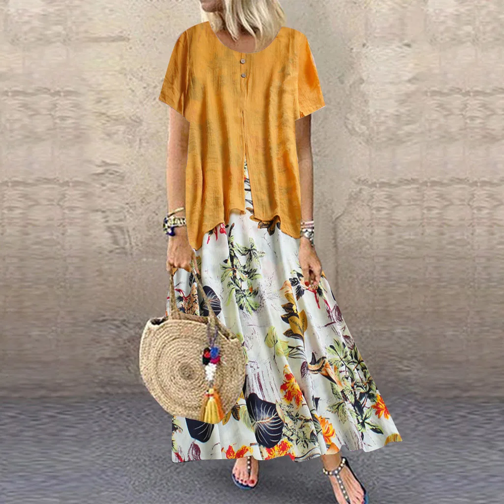 

Women Vintage Print Patchwork O-Neck Short Sleeve Summer Plus Size Maxi Dress