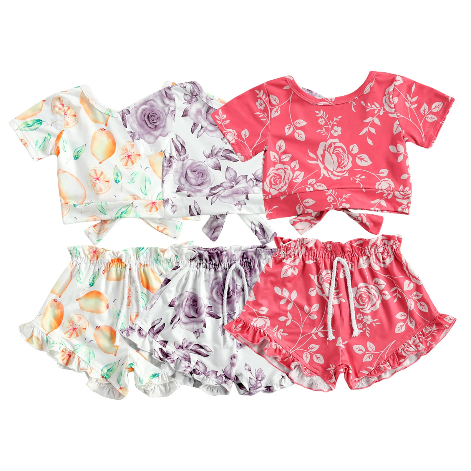

2 Pcs Infant Flower/Fruit Print Outfits Baby Girl Short Sleeve Round Neck Bowknot T-shirt + Ruffle Drawstring Shorts 1-5Years
