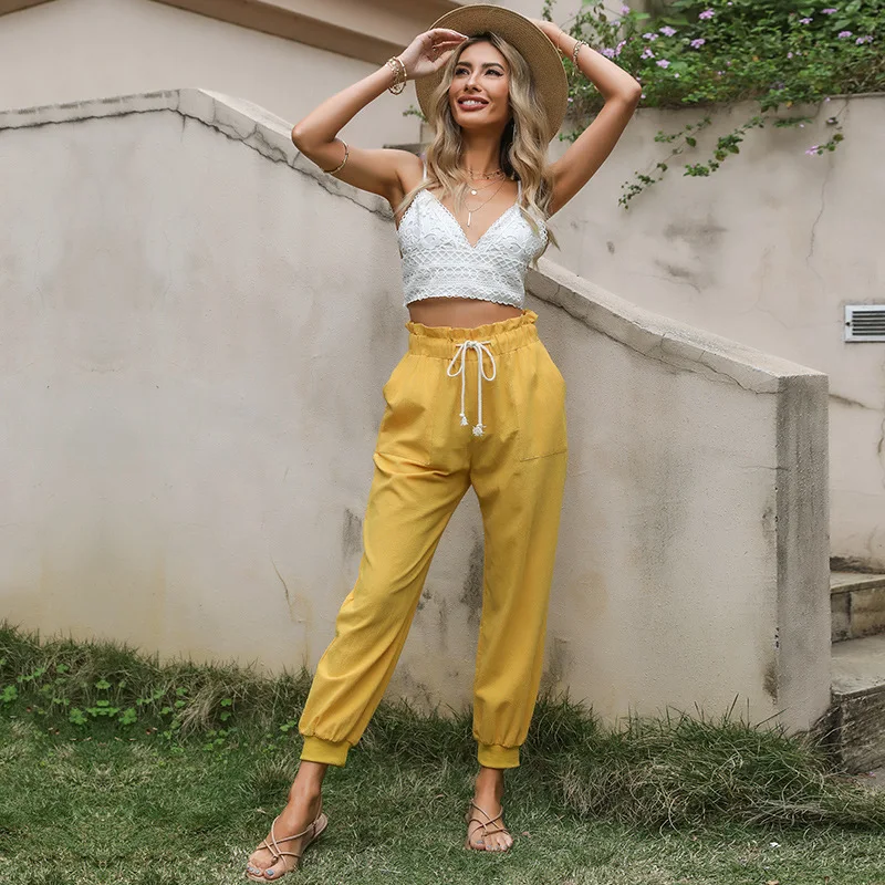 Женские желтые брюки-карандаш элегантные свободные брюки с оборками и высокой