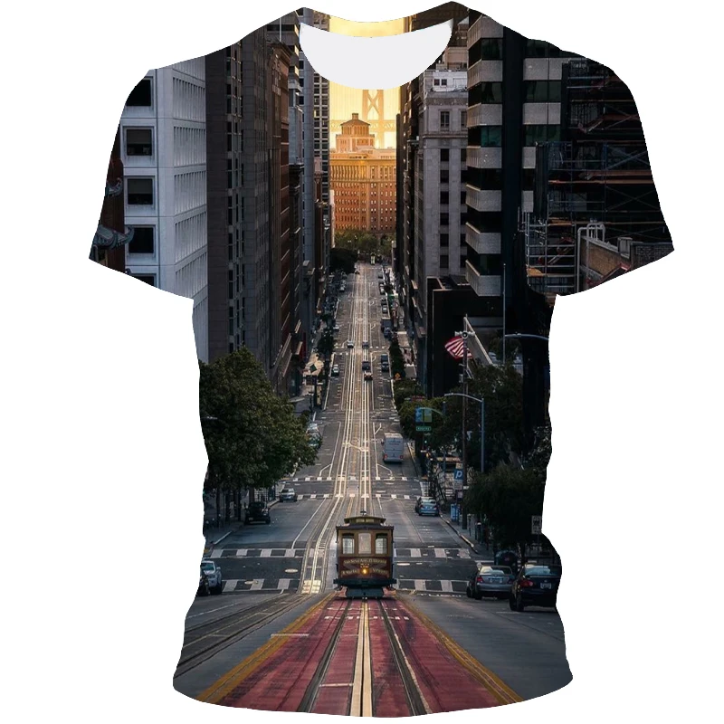 

2021 Fashion Summer New Product 3d Printing Urban Architectural Landscape Street Men's O-neck Short-sleeved Oversized T-shirt