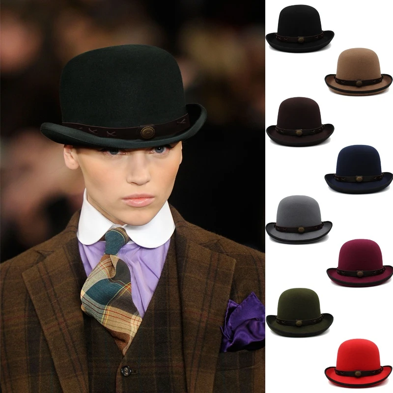 

Men Women Oval Top Classical Wool Bowler Hat Roll Rim Derby Cap Sunhat Party Street Style Adjustable Size US 7 1/8-7 3/8 UK M-L