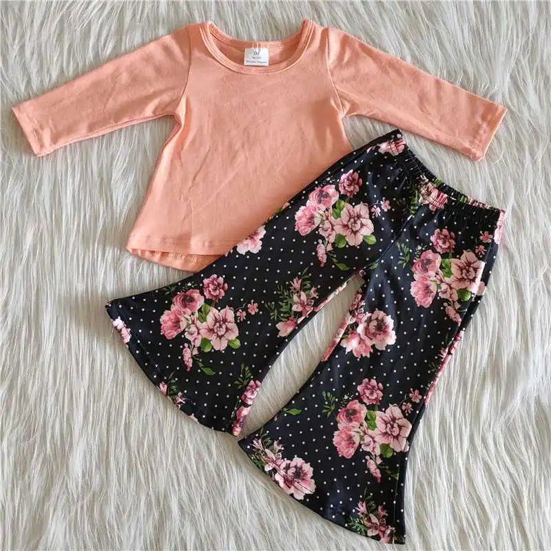 

Wholesale Baby Girl Boutique Outfit Long Sleeve Pink Solid Color Shirt Flower Bell-bottomed Pants Set Kids Fashionable Clothes