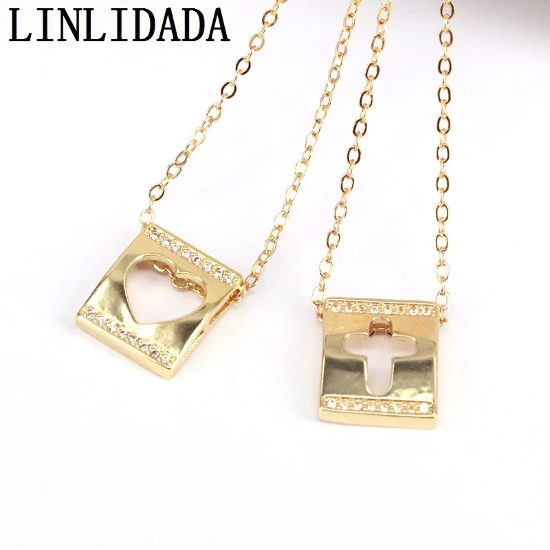 

10Pcs CZ Micro Pave Hollow Heart Cross On Rectangle Charms Gold Plated Pendant Necklace