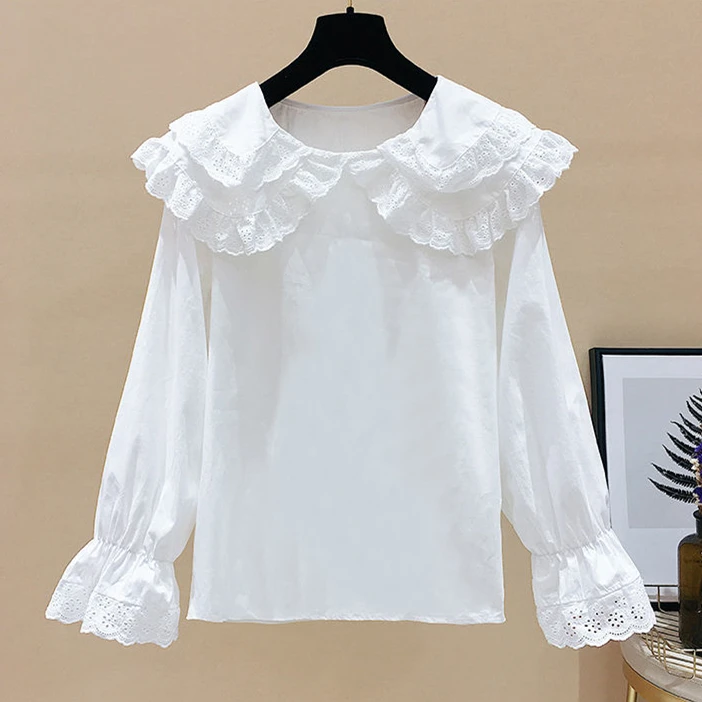 

Sweet White Blouse Women Tops Clothes Vintage Peter Pan Collar Long Sleeve Shirt Female Streetwear Casual Blusas