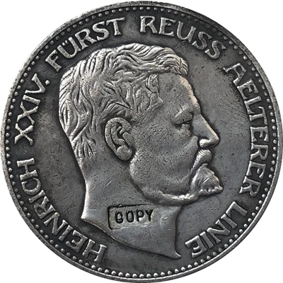 1909 немецкий 3 Mark Heinrich XXIV копия монет 33 мм|Безвалютные монеты| |