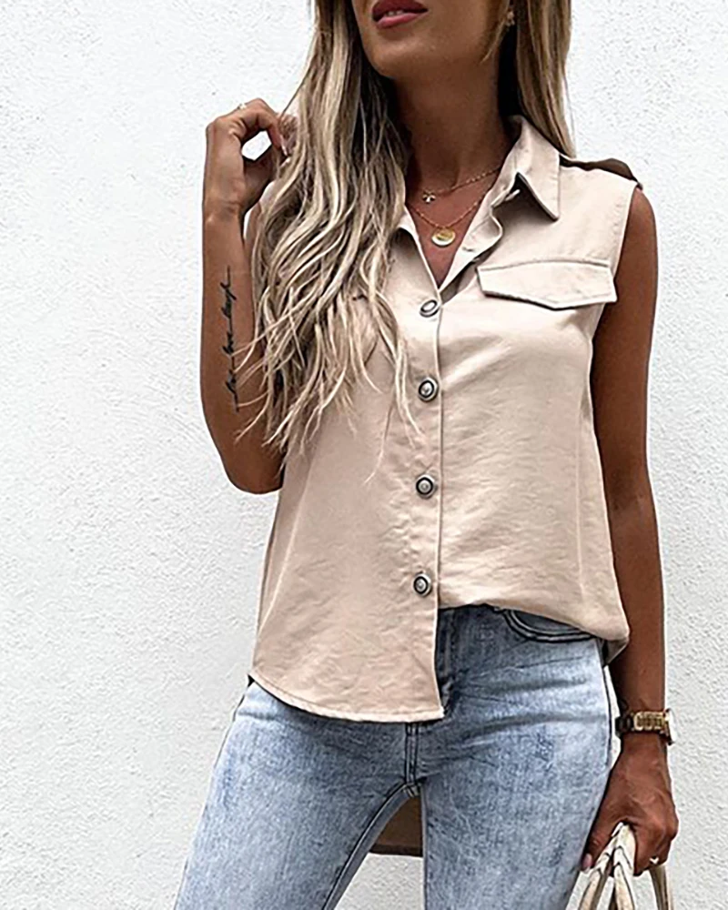 

Женская свободная однобортная футболка, повседневный топ без рукавов, на пуговицах, с отложным воротником, на лето